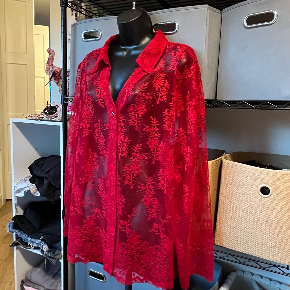White Stag Red Sheer Floral Lace Button-Front Blouse